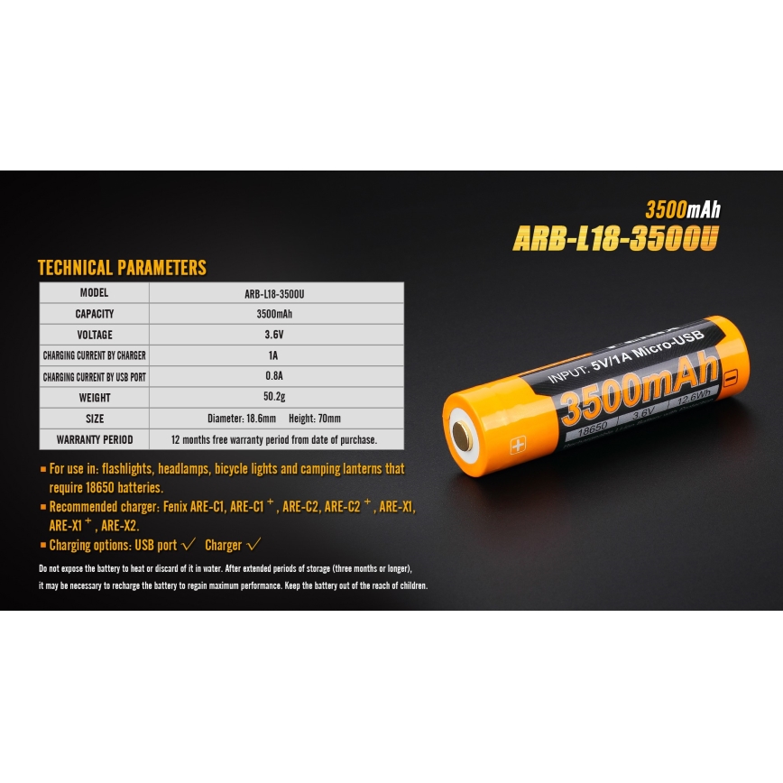 Fenix FE18650LI35USB - Acumulator reîncărcabil USB, 3,6V, 3500 mAh, 1 buc.