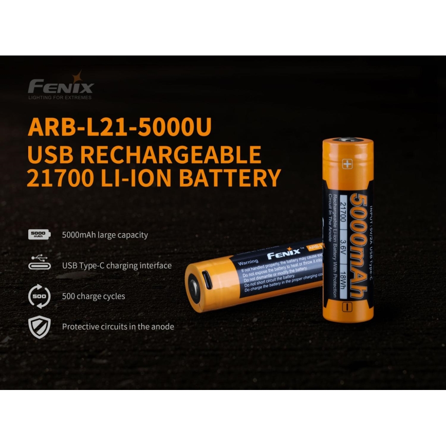 Fenix FE21700USB - Acumulator reîncărcabil USB/3,6V 5000 mAh, 1 buc.