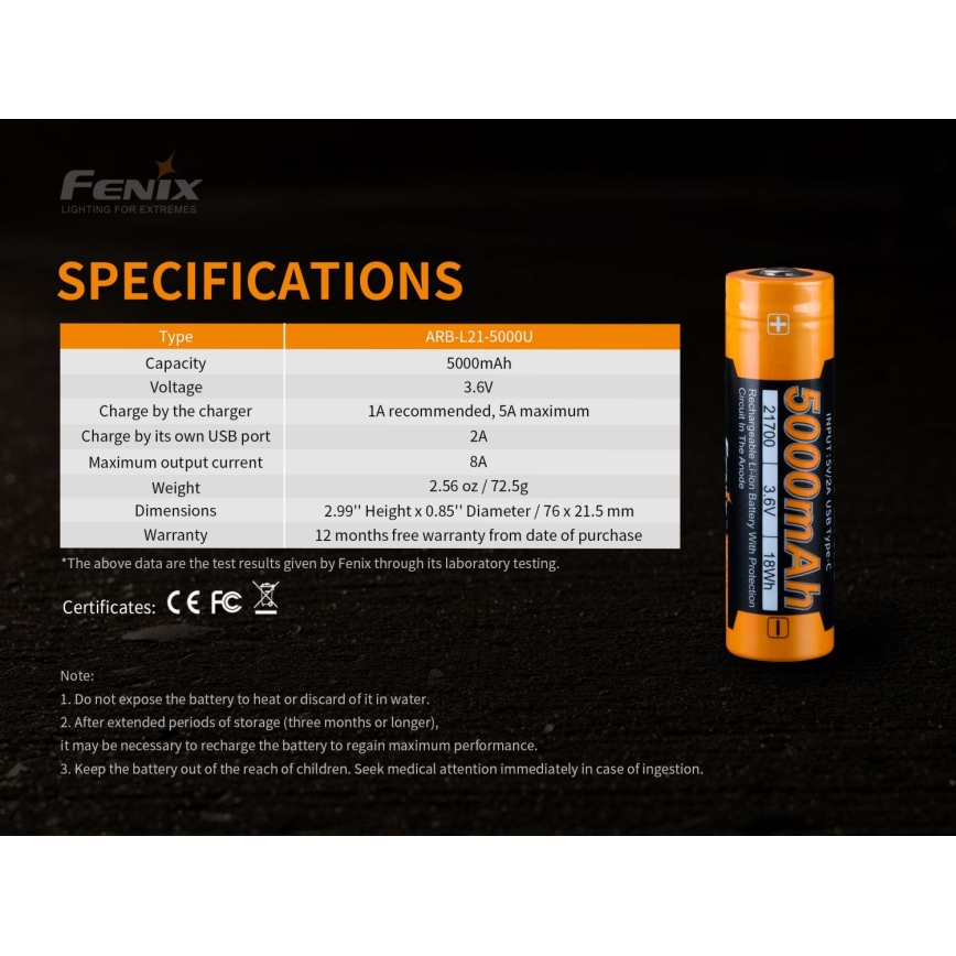 Fenix FE21700USB - Acumulator reîncărcabil USB/3,6V 5000 mAh, 1 buc.