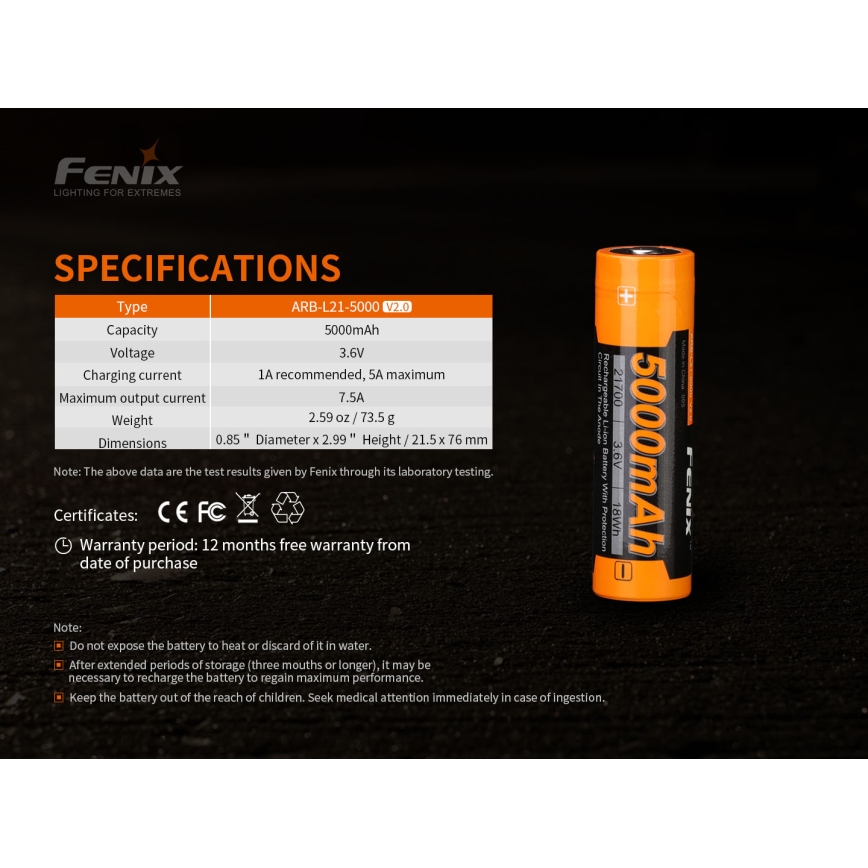 Fenix FE21700V20 — baterie reîncărcabilă 21700, 3,6 V, 5000 mAh — 1 buc.