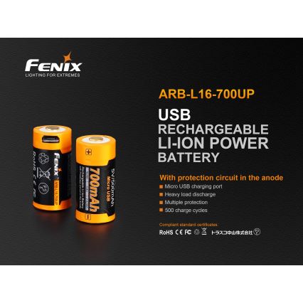 Fenix FERCR123ALIIONUP – baterie reîncărcabilă USB, 3,6 V, 700 mAh, 1 buc.