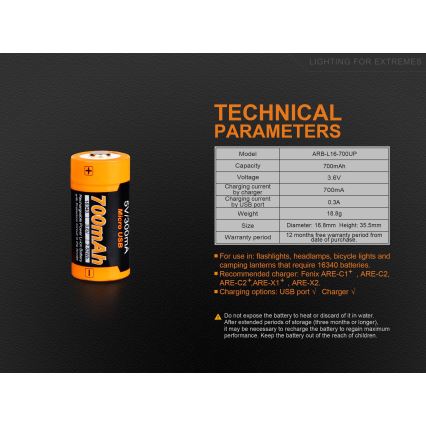 Fenix FERCR123ALIIONUP – baterie reîncărcabilă USB, 3,6 V, 700 mAh, 1 buc.