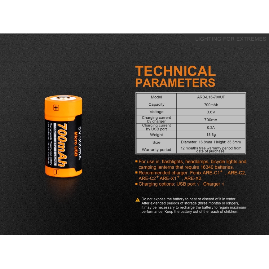 Fenix FERCR123ALIIONUP – baterie reîncărcabilă USB, 3,6 V, 700 mAh, 1 buc.