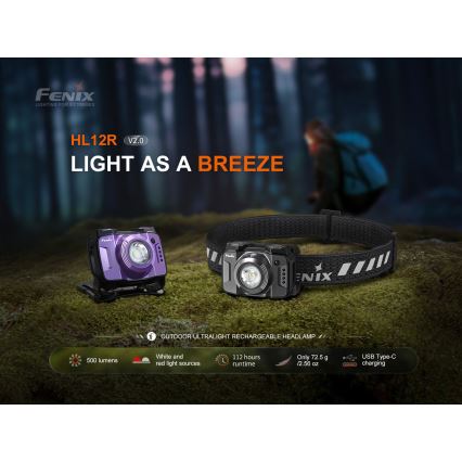 Fenix HL12RV20BLC - Lanternă frontală LED reîncărcabilă, reglabilă, LED/USB, 950 mAh, IP66, 500 lm, 112 ore, negru