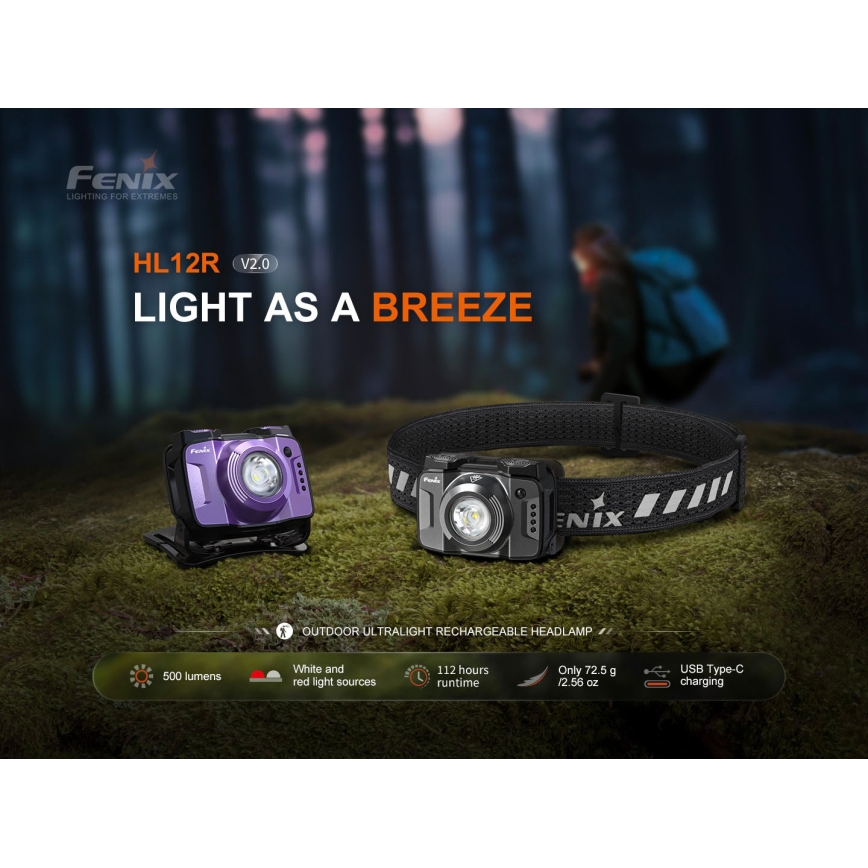 Fenix HL12RV20BLC - Lanternă frontală LED reîncărcabilă, reglabilă, LED/USB, 950 mAh, IP66, 500 lm, 112 ore, negru