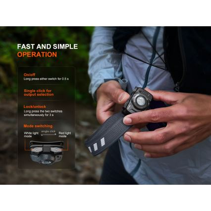 Fenix HL12RV20BLC - Lanternă frontală LED reîncărcabilă, reglabilă, LED/USB, 950 mAh, IP66, 500 lm, 112 ore, negru