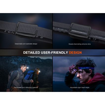 Fenix HL12RV20BLC - Lanternă frontală LED reîncărcabilă, reglabilă, LED/USB, 950 mAh, IP66, 500 lm, 112 ore, negru
