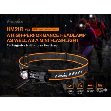 Fenix HM51RV30 - Lanternă frontală LED reîncărcabilă, reglabilă, USB/1xCR123A, 950 mAh, IP68, 860 lm, 125 h, portocalie