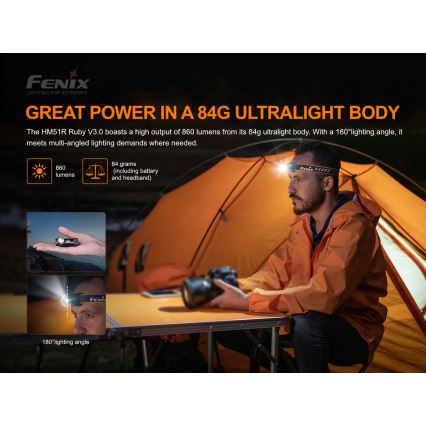 Fenix HM51RV30 - Lanternă frontală LED reîncărcabilă, reglabilă, USB/1xCR123A, 950 mAh, IP68, 860 lm, 125 h, portocalie