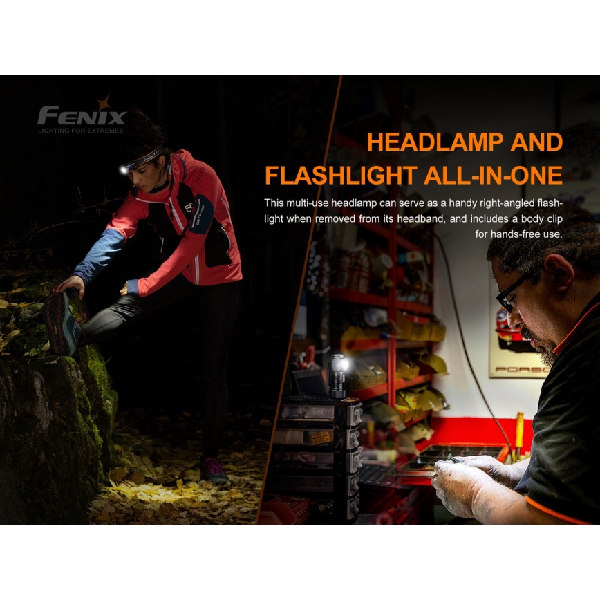 Fenix HM51RV30 - Lanternă frontală LED reîncărcabilă, reglabilă, USB/1xCR123A, 950 mAh, IP68, 860 lm, 125 h, portocalie