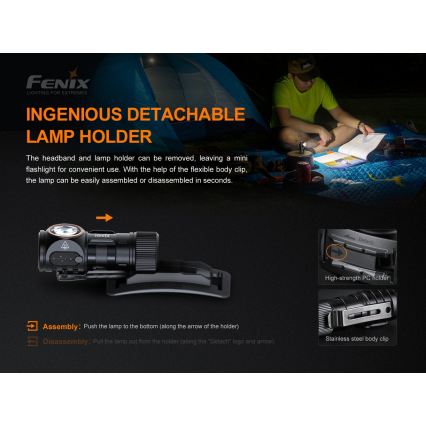 Fenix HM51RV30 - Lanternă frontală LED reîncărcabilă, reglabilă, USB/1xCR123A, 950 mAh, IP68, 860 lm, 125 h, portocalie