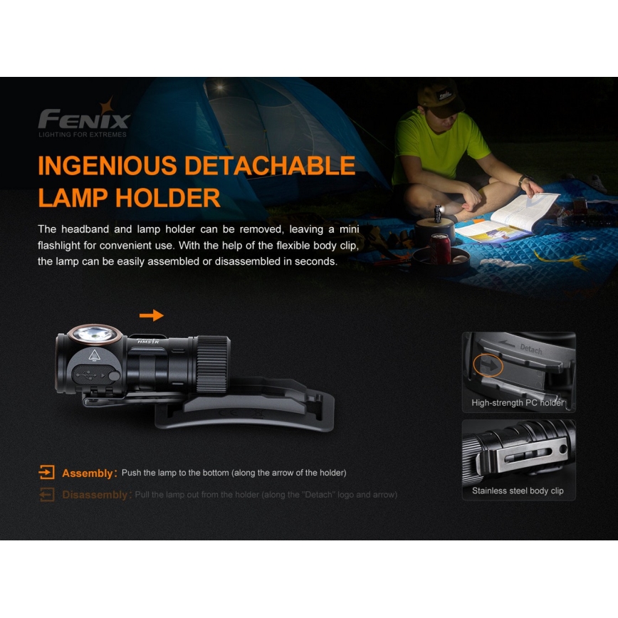 Fenix HM51RV30 - Lanternă frontală LED reîncărcabilă, reglabilă, USB/1xCR123A, 950 mAh, IP68, 860 lm, 125 h, portocalie