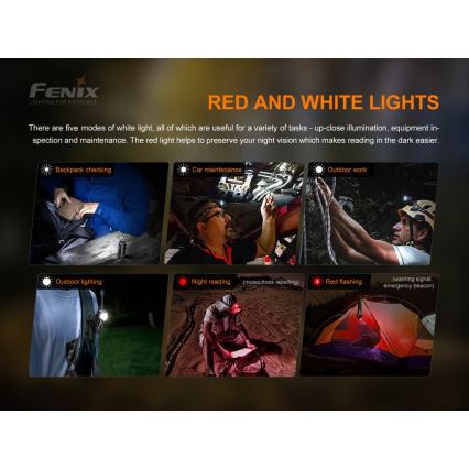 Fenix HM51RV30 - Lanternă frontală LED reîncărcabilă, reglabilă, USB/1xCR123A, 950 mAh, IP68, 860 lm, 125 h, portocalie