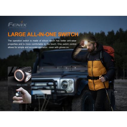 Fenix HM51RV30 - Lanternă frontală LED reîncărcabilă, reglabilă, USB/1xCR123A, 950 mAh, IP68, 860 lm, 125 h, portocalie