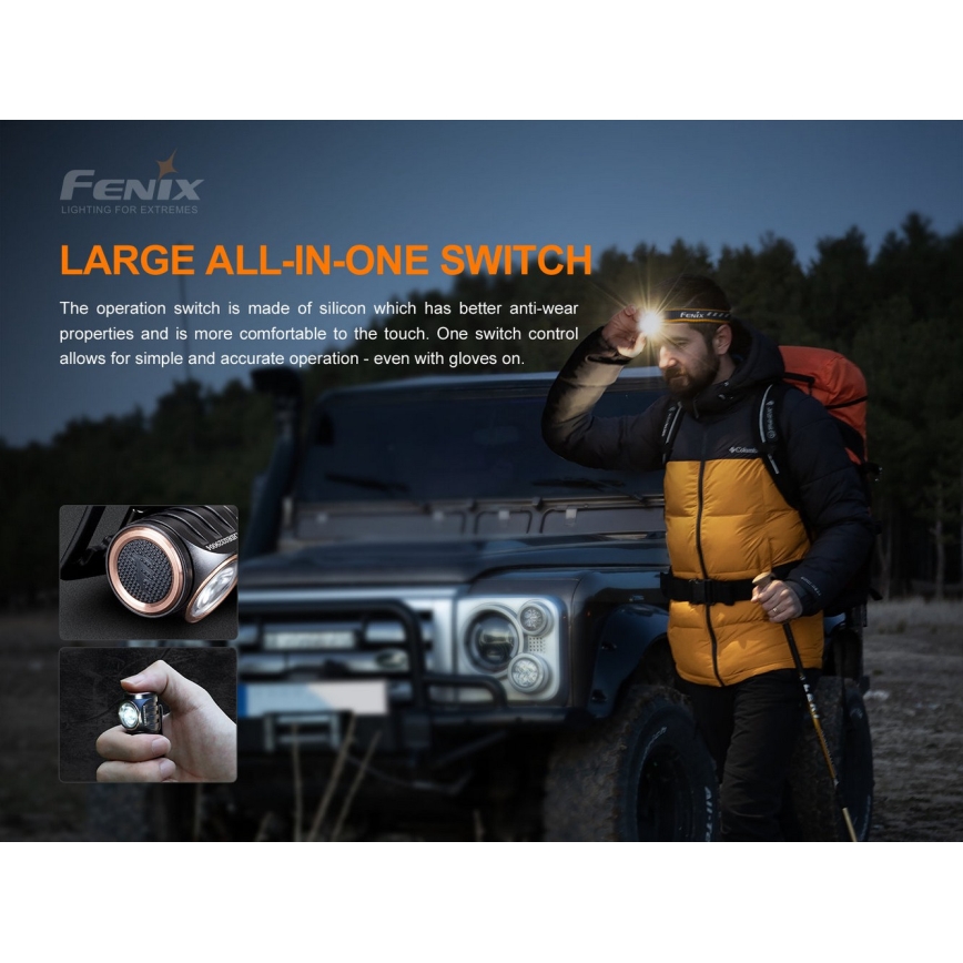 Fenix HM51RV30 - Lanternă frontală LED reîncărcabilă, reglabilă, USB/1xCR123A, 950 mAh, IP68, 860 lm, 125 h, portocalie