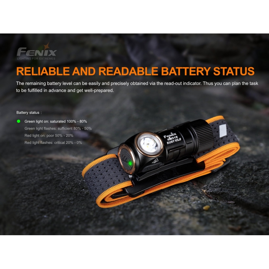 Fenix HM51RV30 - Lanternă frontală LED reîncărcabilă, reglabilă, USB/1xCR123A, 950 mAh, IP68, 860 lm, 125 h, portocalie