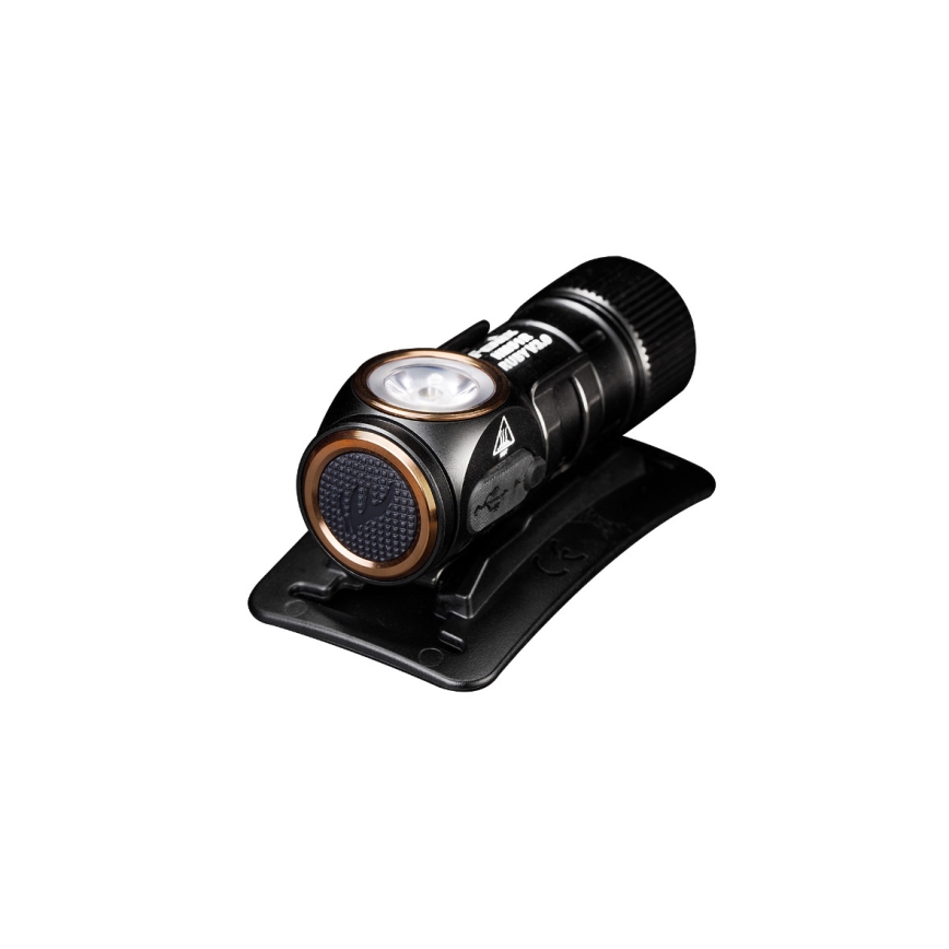 Fenix HM51RV30 - Lanternă frontală LED reîncărcabilă, reglabilă, USB/1xCR123A, 950 mAh, IP68, 860 lm, 125 h, portocalie