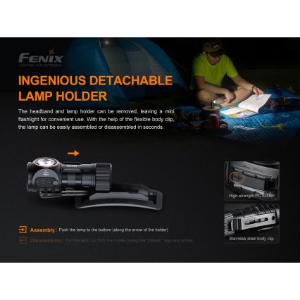 Fenix HM51RV3ABL - Lanternă frontală LED reglabilă, reîncărcabilă, USB, 1x CR123A 950 mAh, IP68, 860 lm, 125 ore, negru