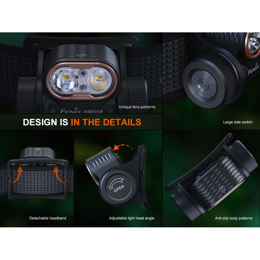 Fenix HM55RABL - Lampă frontală reîncărcabilă LED, reglabilă, USB/1xCR123A 1600 mAh IP68 1200 lm 141,2 h negru