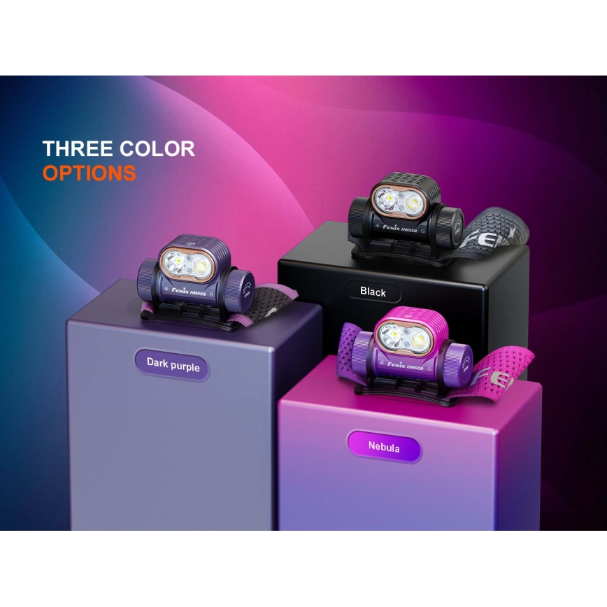 Fenix HM55RNBL - Lanternă frontală reîncărcabilă cu LED, cu intensitate reglabilă, USB/1xCR123A, 1600 mAh, IP68, 1200 lm, 141,2 h, mov