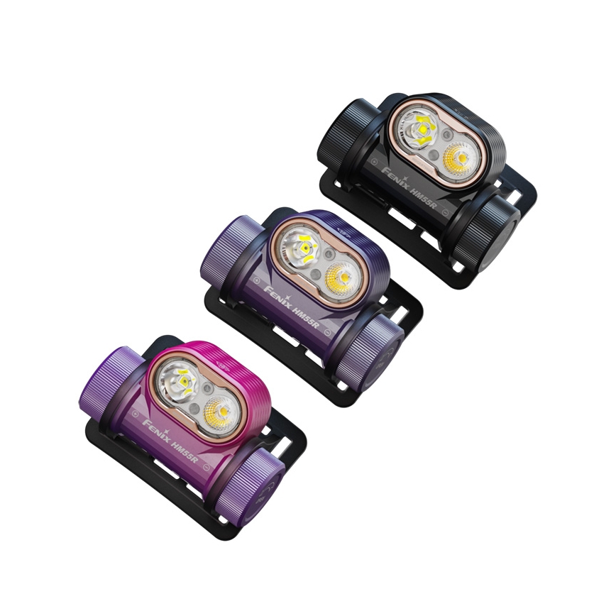 Fenix HM55RNBL - Lanternă frontală reîncărcabilă cu LED, cu intensitate reglabilă, USB/1xCR123A, 1600 mAh, IP68, 1200 lm, 141,2 h, mov