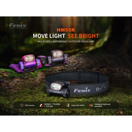 Fenix HM55RPRP - Lanternă frontală reîncărcabilă cu LED, dimmabilă, încărcare USB, 1x CR123A (1600 mAh), IP68, 1200 lm, autonomie 141,2 h, mov/negru