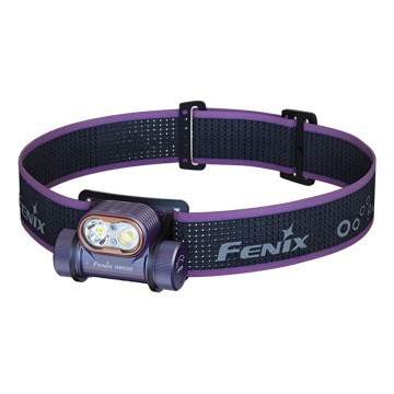 Fenix HM55RPRP - Lanternă frontală reîncărcabilă cu LED, dimmabilă, încărcare USB, 1x CR123A (1600 mAh), IP68, 1200 lm, autonomie 141,2 h, mov/negru