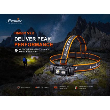 Fenix HM60RV20 - lanternă frontală LED reîncărcabilă, cu reglare a intensității, cu încărcare USB, 4000 mAh, IP68, 1600 lm, 292 ore, portocalie