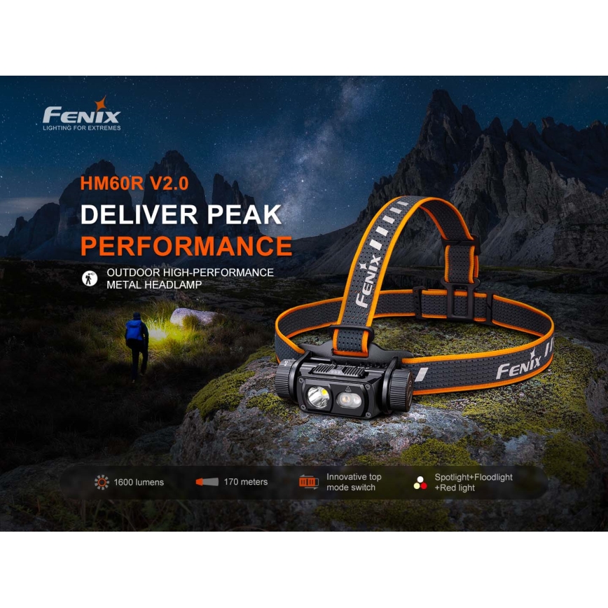 Fenix HM60RV20 - lanternă frontală LED reîncărcabilă, cu reglare a intensității, cu încărcare USB, 4000 mAh, IP68, 1600 lm, 292 ore, portocalie