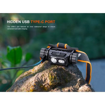 Fenix HM60RV20 - lanternă frontală LED reîncărcabilă, cu reglare a intensității, cu încărcare USB, 4000 mAh, IP68, 1600 lm, 292 ore, portocalie