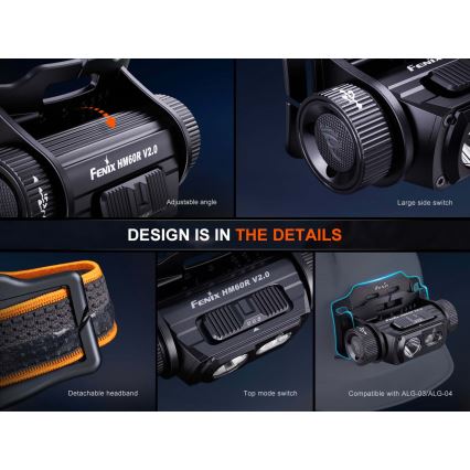 Fenix HM60RV20 - lanternă frontală LED reîncărcabilă, cu reglare a intensității, cu încărcare USB, 4000 mAh, IP68, 1600 lm, 292 ore, portocalie