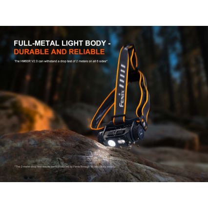 Fenix HM60RV20 - lanternă frontală LED reîncărcabilă, cu reglare a intensității, cu încărcare USB, 4000 mAh, IP68, 1600 lm, 292 ore, portocalie