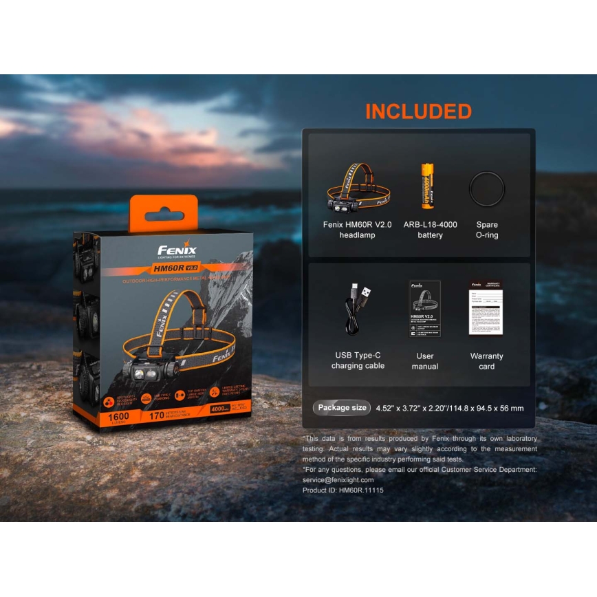 Fenix HM60RV20 - lanternă frontală LED reîncărcabilă, cu reglare a intensității, cu încărcare USB, 4000 mAh, IP68, 1600 lm, 292 ore, portocalie