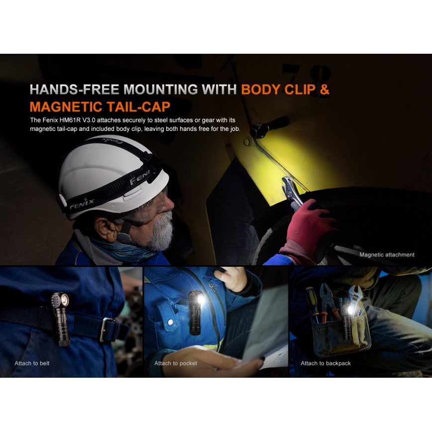Fenix HM61RV30 - Lanternă frontală reîncărcabilă cu LED, reglabilă, LED/USB/1xCR123A, 4000 mAh, IP68, 1800 lm, 400 h, neagră
