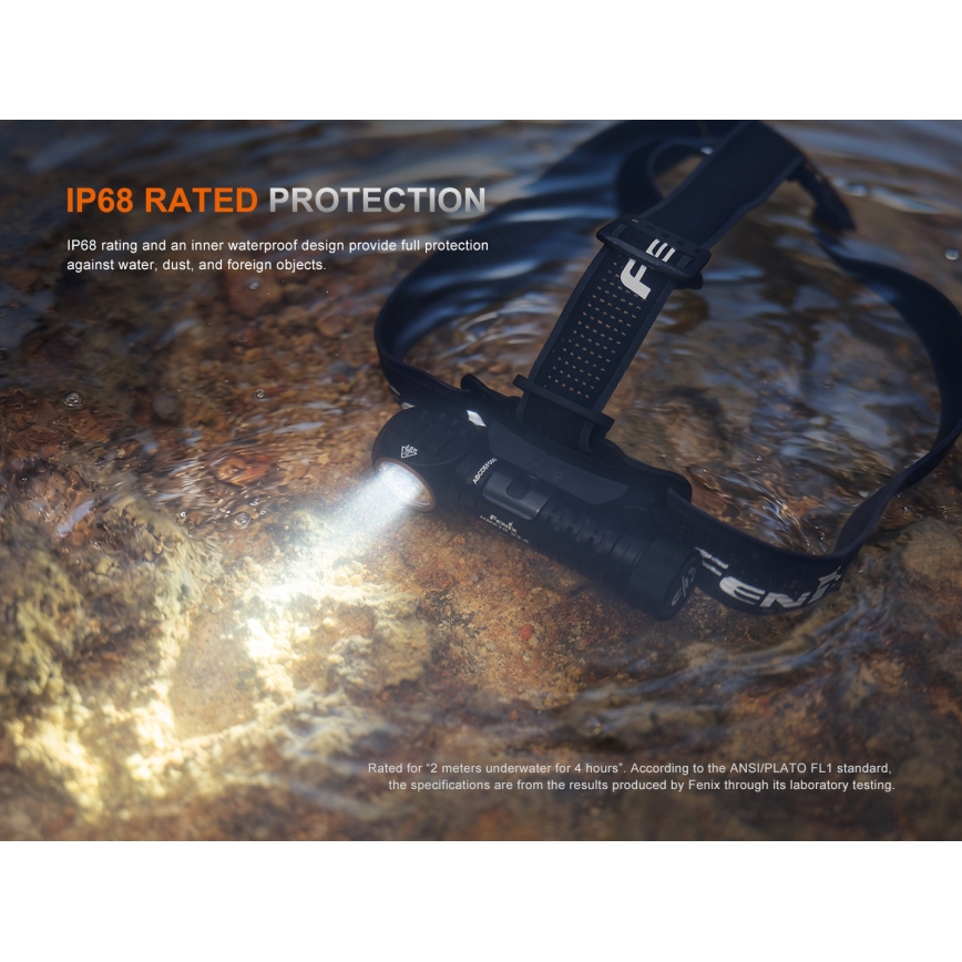 Fenix HM61RV30 - Lanternă frontală reîncărcabilă cu LED, reglabilă, LED/USB/1xCR123A, 4000 mAh, IP68, 1800 lm, 400 h, neagră