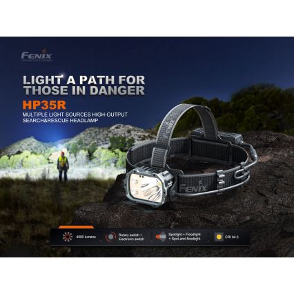 Fenix HP35R - Lanternă frontală LED reîncărcabilă, cu reglare a intensității, LED/USB, 5000 mAh, IP66, 4000 lm, 500 h, neagră