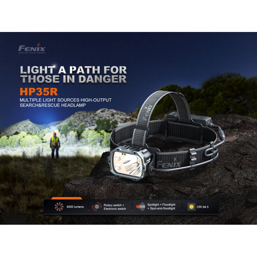 Fenix HP35R - Lanternă frontală LED reîncărcabilă, cu reglare a intensității, LED/USB, 5000 mAh, IP66, 4000 lm, 500 h, neagră