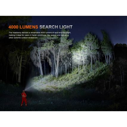 Fenix HP35R - Lanternă frontală LED reîncărcabilă, cu reglare a intensității, LED/USB, 5000 mAh, IP66, 4000 lm, 500 h, neagră