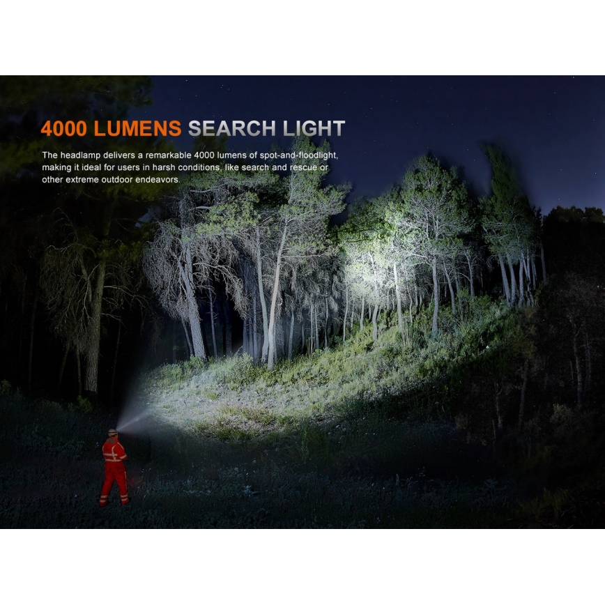 Fenix HP35R - Lanternă frontală LED reîncărcabilă, cu reglare a intensității, LED/USB, 5000 mAh, IP66, 4000 lm, 500 h, neagră