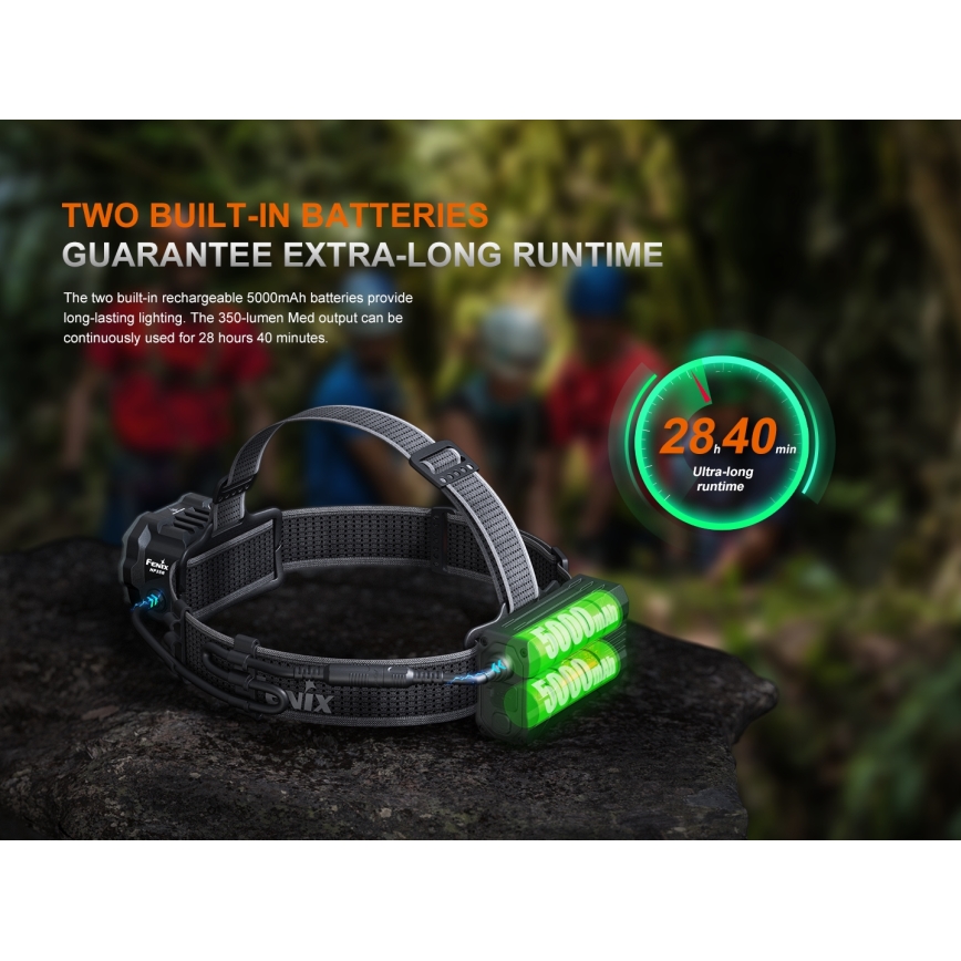 Fenix HP35R - Lanternă frontală LED reîncărcabilă, cu reglare a intensității, LED/USB, 5000 mAh, IP66, 4000 lm, 500 h, neagră