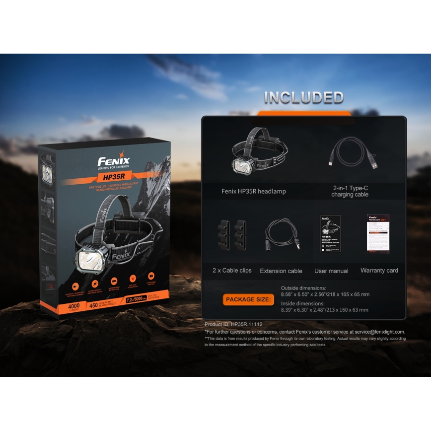 Fenix HP35R - Lanternă frontală LED reîncărcabilă, cu reglare a intensității, LED/USB, 5000 mAh, IP66, 4000 lm, 500 h, neagră