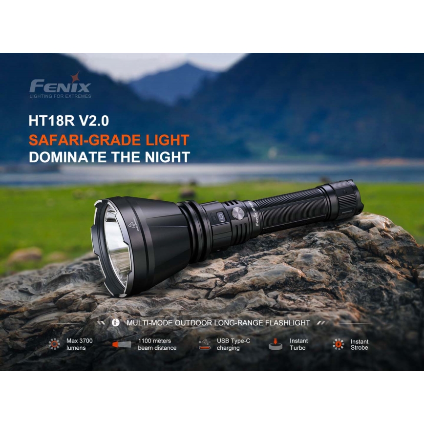 Fenix HT18RV20 - Lanternă LED reîncărcabilă, cu reglare a intensității, încărcare USB, 6000 mAh, IP68, 3700 lm, 87 h, neagră