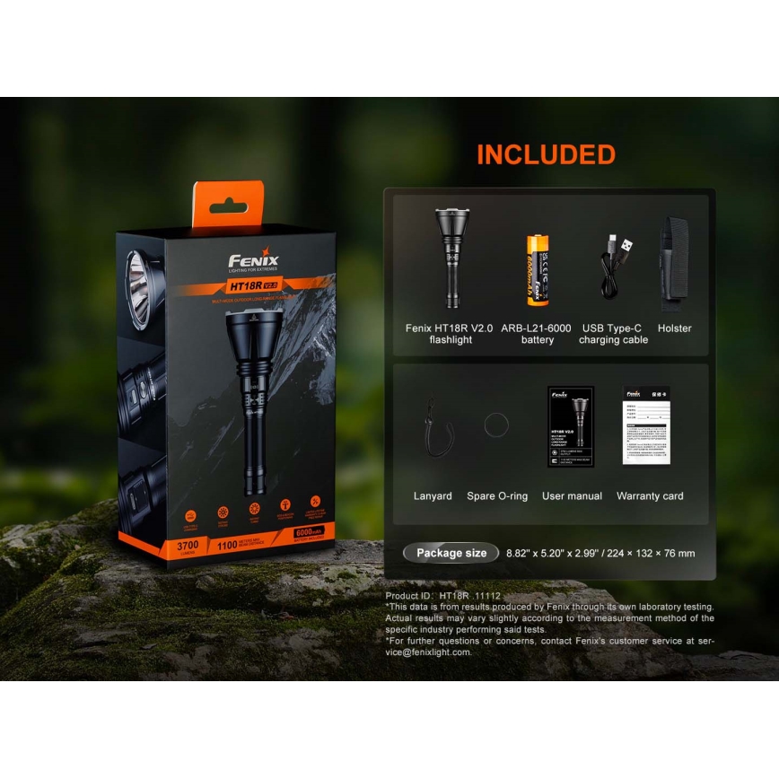 Fenix HT18RV20 - Lanternă LED reîncărcabilă, cu reglare a intensității, încărcare USB, 6000 mAh, IP68, 3700 lm, 87 h, neagră