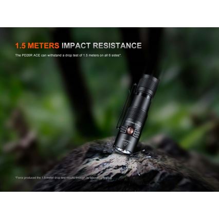 Fenix PD26RACE - Lanternă LED reîncărcabilă cu reglaj al intensității, USB, 1600 mAh, IP68, 1300 lm, 556 h, negru