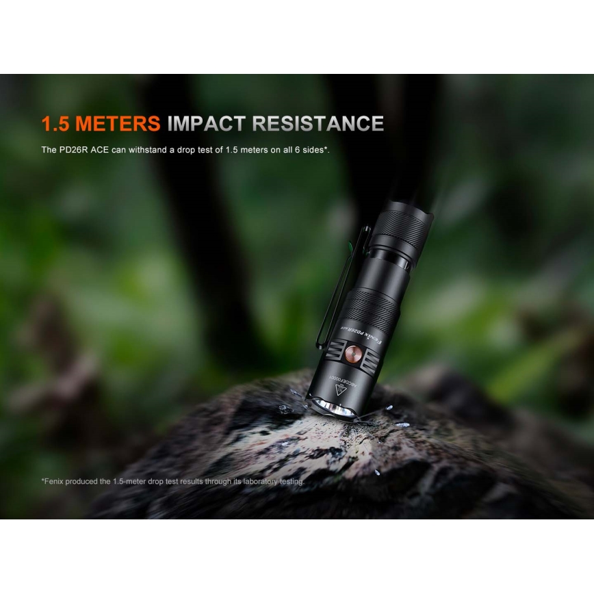Fenix PD26RACE - Lanternă LED reîncărcabilă cu reglaj al intensității, USB, 1600 mAh, IP68, 1300 lm, 556 h, negru
