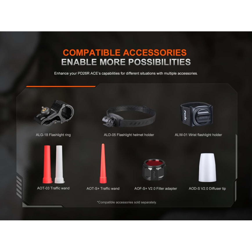 Fenix PD26RACE - Lanternă LED reîncărcabilă cu reglaj al intensității, USB, 1600 mAh, IP68, 1300 lm, 556 h, negru