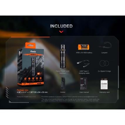 Fenix PD26RACE - Lanternă LED reîncărcabilă cu reglaj al intensității, USB, 1600 mAh, IP68, 1300 lm, 556 h, negru