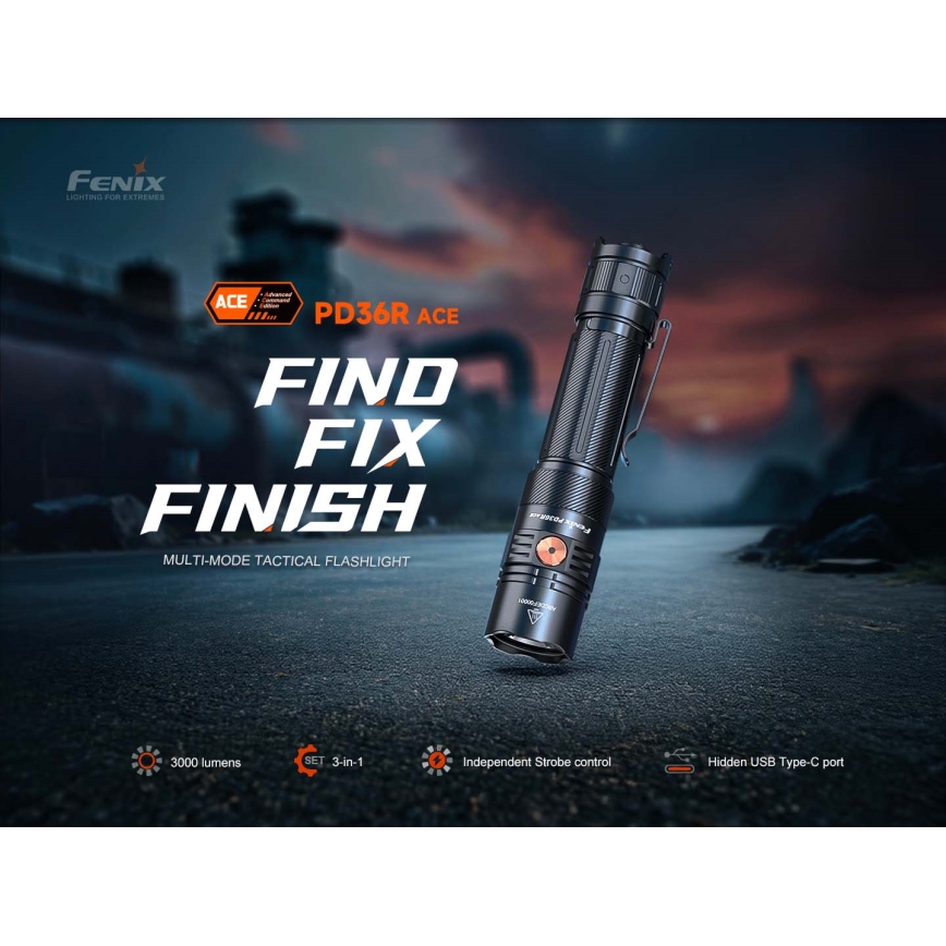 Fenix PD36RACE - lanternă LED reîncărcabilă cu reglare a luminozității, LED/USB, 5000 mAh, IP68, 3000 lm, 63,45 h, negru