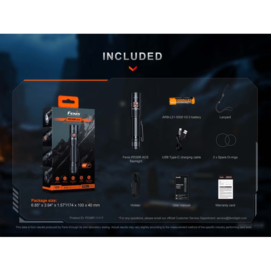 Fenix PD36RACE - lanternă LED reîncărcabilă cu reglare a luminozității, LED/USB, 5000 mAh, IP68, 3000 lm, 63,45 h, negru