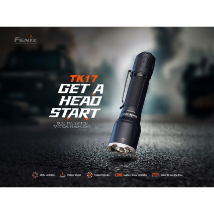 Fenix TK17BLK - Lanternă LED reîncărcabilă cu intensitate reglabilă, încărcare USB, 6000 mAh, IP68, 3600 lm, 60 h, negru